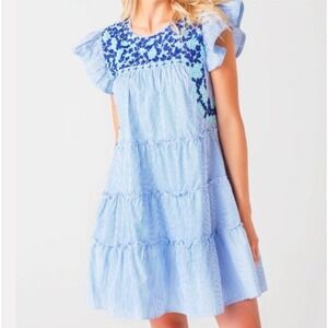 J Marie Blue Stripe Embroidered Tiered Flutter Sleeve‎ Dress XS